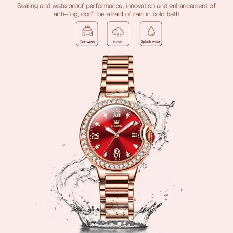 Olevs Red Dial Rose Gold-tone Ladies Watch | 5518